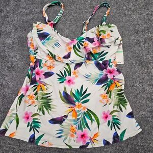 Island Escape Womens Tankini Top Tropical Floral Ruffle Swimwear White Multi 6